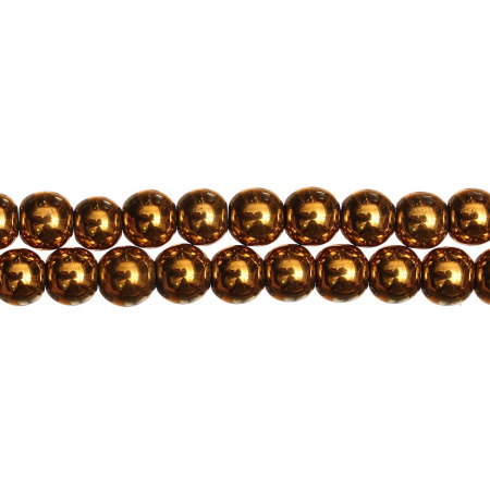 <p>Низка бусин из окрашенного (металлизированного) гематита, цвет золотистый. Гематит создан искусственно, по составу аналогичен натуральному. В низке около 50 бусин. Цена за низку.</p>