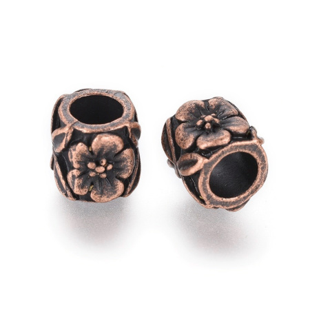Бусина металлическая, 9х8.5х8.5мм, цилиндр с цветами, базовый материал - цинковый сплав, медный с чернением, 5 шт.