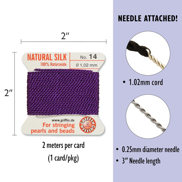 <p>Очень толстая и прочная нить из высококачественного натурального 100% шелка, произведена компанией Griffin (Германия). К нити прикреплена проволочная иголочка. Идеально подходит для использования с жемчугом и натуральными камнями. Толщина около 1,02 мм. Цена за моток 2 метра.</p>