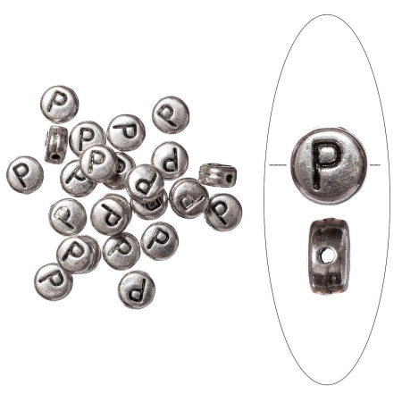 Бусина металлическая, 7х4мм, буква P, базовый материал - цинковый сплав, серебристая с чернением, 10 шт.