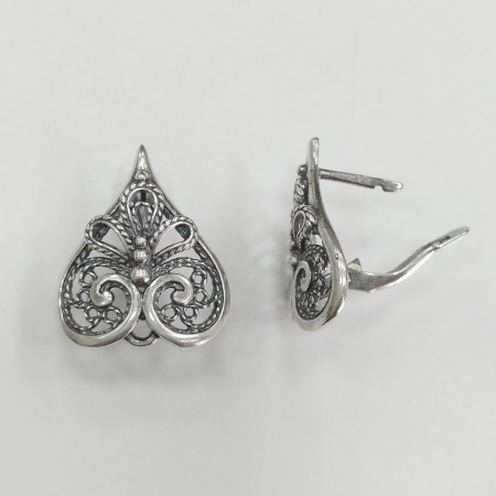 Швензы закрытые, 20х18мм, с английским замком, Сердце филигранное, базовый материал - латунь, посеребренные с чернением, пара