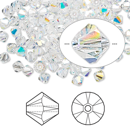 Бусина Swarovski, 4мм, Биконус (#5328), кристально-прозрачный с AB (цвет 001AB), 10 шт.