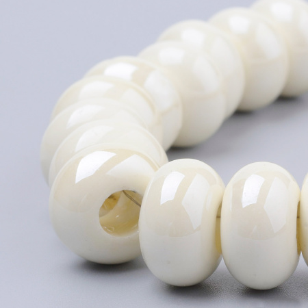 Бусина фарфоровая, 13х8.5мм, рондель, белая, с перламутровым отливом, 5 шт.