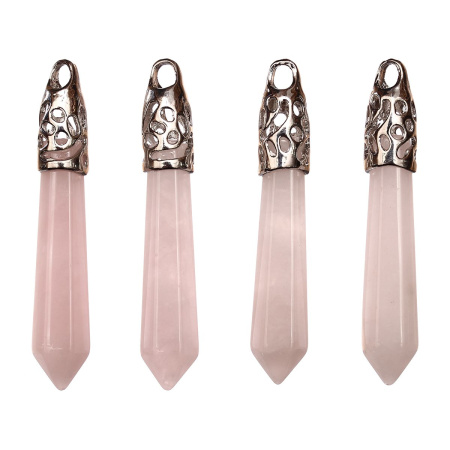 Подвеска каменная, 65х13мм, в форме кристалла, базовый материал - камень, розовый кварц с резным держателем стального цвета, 1 шт.