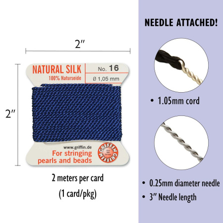 <p>Очень толстая и прочная нить из высококачественного натурального 100% шелка, произведена компанией Griffin (Германия). К нити прикреплена проволочная иголочка. Идеально подходит для использования с жемчугом и натуральными камнями. Толщина около 1,05 мм. Цена за моток 2 метра.</p>