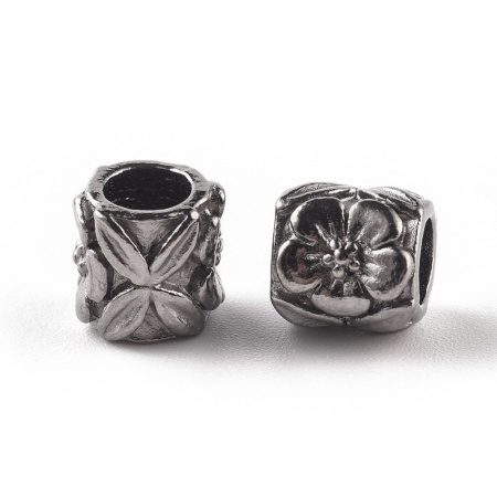 Бусина металлическая, 9х8.5х8.5мм, цилиндр с цветами, базовый материал - цинковый сплав, вороненая сталь, 5 шт.