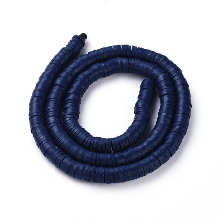 <p>Плоские круглые бусины - чипсы (диски, рондели heishi) ручной работы из полимерной глины (пластики). Бусины могут немного отличаться по форме и размеру. Оттенок может отличаться от фотографии. Цвет: темно-синий, могут быть более матовые, чем на фотографии. Бусины довольно мягкие, гибкие, напоминают каучук (иногда их называют резиновые). Цена за низку длиной около 43 см, около 350-400 бусин.</p>