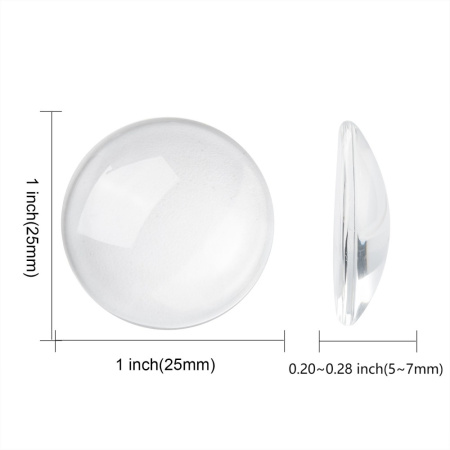 <p>
 Круглый стеклянный прозрачный кабошон, толщина 5-8 мм. Диаметр примерно 24,7 мм. Хорошо смотрится в рамке с подложенной под него картинкой или фотографией. На кабошонах возможны небольшие царапинки. Цена за упаковку 40-50 грамм в зависимости от толщины кабошонов (около 10 штук, фасуются без проверки на дефекты).
</p>