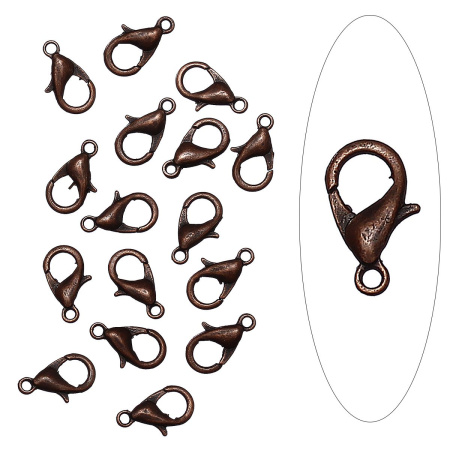 Застежка, 12х7мм, карабин, базовый материал - цинковый сплав, темная медь, 5 грамм
