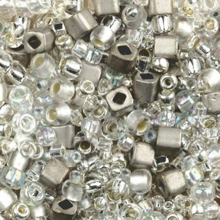 <p>Японский бисер TOHO Mix - микс бисера и стекляруса разных форм, цветов и размеров. Цвет бело-серебристый (Junpaku - Crystal/Silver). Оттенок и состав набора может отличаться от фотографии. Цена за 10 грамм.</p>