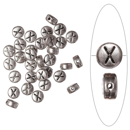 Бусина металлическая, 7х4мм, буква X, базовый материал - цинковый сплав, серебристая с чернением, 10 шт.