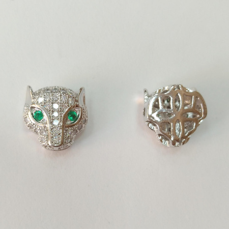 Бусина металлическая, 11х11х6.5мм, Milano, Леопард с зелеными глазами, с фианитами, базовый материал - латунь, под родий, 1 шт.