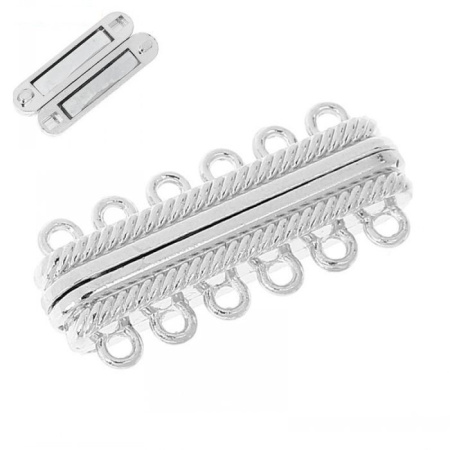 Застежка, 32х14х7мм, магнитная, прямоугольная трубочка на шесть нитей, базовый материал - цинковый сплав, серебристого цвета, 1 шт.