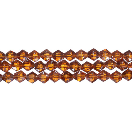 Бусины стеклянные, 6мм, граненые, биконусы, янтарно-коричневые с перламутровым покрытием, 50 шт., низка