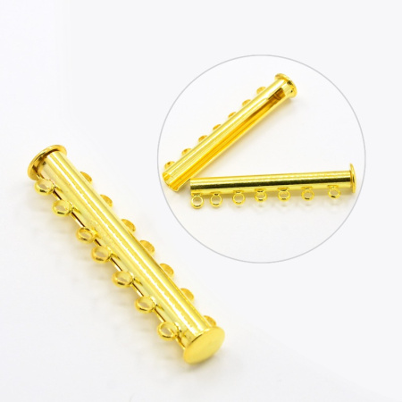 Застежка, 40х10мм, магнитная трубочка-слайдер на семь нитей, базовый материал - латунь, золотистая, 1 шт.