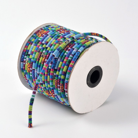 Шнур текстильный с сердечником, сшитый, около 6мм, Этника, сине-зелено-голубой с разноцветным узором, 1 метр