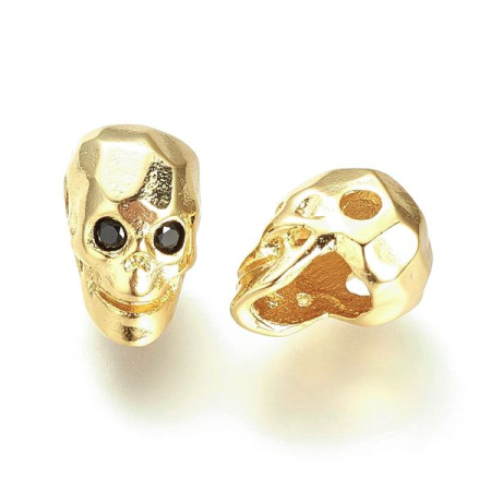 Бусина металлическая, 12х9х7.5мм, Milano, Череп граненый с черными фианитами, базовый материал - латунь, под золото, 1 шт.