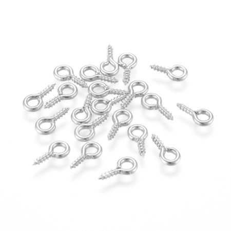 <p>Штифт вкручивающийся,покрытие темно-серебристого цвета. Общая длина 8.5 мм, диаметр петельки 4 мм, внутренний диаметр петельки 2 мм, толщина вкручиваемой части 1 мм. Оттенок может отличаться от фотографии и в разных поставках. Цена за 10 грамм (около 120 штук, фасуются без проверки на дефекты).</p>