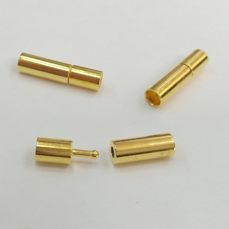 Застежка-концевик, 16х4мм (внутренний размер 3мм), кнопка-цилиндр с силиконовой вставкой, базовый материал - латунь, золотистого цвета, 5 шт.