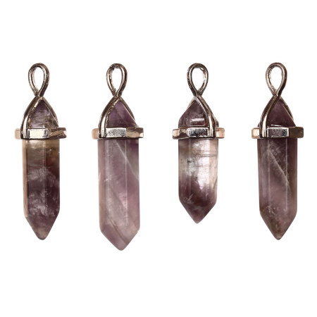 Подвеска каменная, 40х13х11мм, в форме кристалла, базовый материал - камень, аметист с держателем стального цвета, 1 шт.