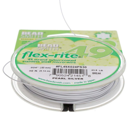 <p>Профессиональный ювелирный тросик Flex-Rite с нейлоновым покрытием. 49-жильный тросик премиум-класса. Цвет светло-серебристый, матовый. Цена за катушку 30 футов (9.1 метра).</p>