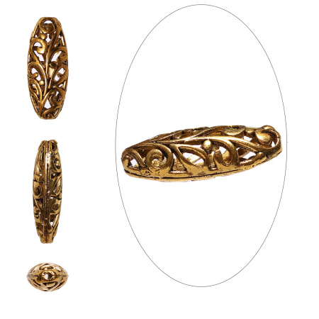 Бусина металлическая, 23х10х7мм, удлиненный овал, с резным узором, базовый материал - цинковый сплав, золотистый с чернением, 5 шт.