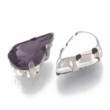 Стразы стеклянные в оправе, 13х8мм, пришивной, форма удлиненная капля, фиолетовый, оправа стального цвета, 5 грамм