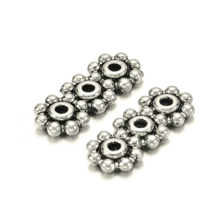 Разделитель, 15х6х2мм, цветочки, на 3 отверстия, базовый материал - цинковый сплав, стиль тибетское серебро, 50 шт.