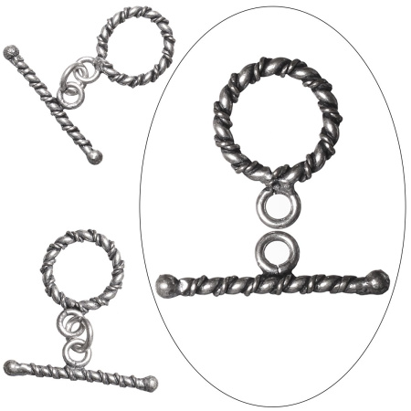 Застежка, 20х15мм, Индия, тогл, витой, базовый материал - латунь, посеребренный с чернением, 2 шт.