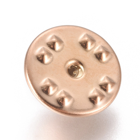 <p>Застежка с цанговым зажимом "бабочка" для броши или значка. Довольно тугая. Диаметр 11.5 мм, высота 6 мм. Работает с штырьками ⌀1.2-1.3мм. Основа входит в застежку примерно на 4-5 мм. Базовый материал - нержавеющая сталь марки 304, сверху покрытие светло-медного цвета (под розовое золото). Оттенок может отличаться от фотографии и в разных поставках. Основы продаются отдельно. Цена за 5 шт.</p>