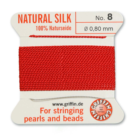 Нить шелковая, Griffin No.8 (0.8мм), красная, с иглой, моток, 2 метра