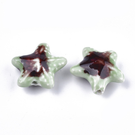 Бусина керамическая, 38х36х15мм, морская звезда, светло-зелёная с сине-голубым и бордовым, 1 шт., УЦЕНКА