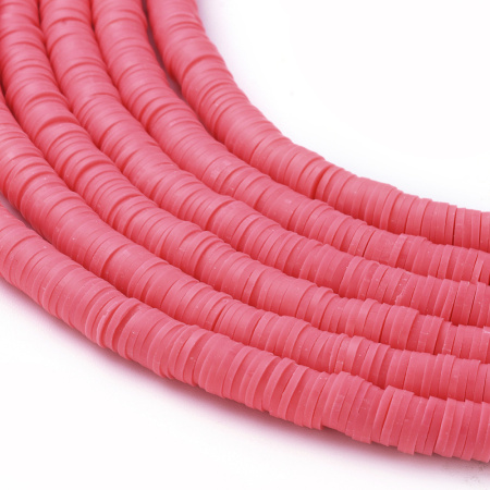 <p>Плоские круглые бусины - чипсы (диски, рондели heishi) ручной работы из полимерной глины (пластики). Бусины могут немного отличаться по форме и размеру. Оттенок может отличаться от фотографии. Цвет: яркий лососево-розовый. Бусины довольно мягкие, гибкие, напоминают каучук. Цена за низку длиной около 43 см, около 350-400 бусин.</p>