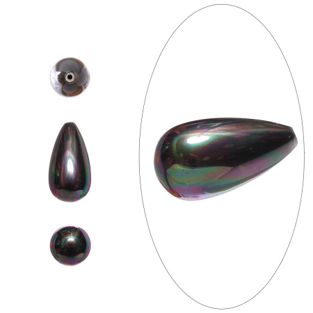 Бусина из ракушки, 16х8мм, полупросверленная, капля, жемчуг Майорика, цвет черный ирис, 2 шт., УЦЕНКА
