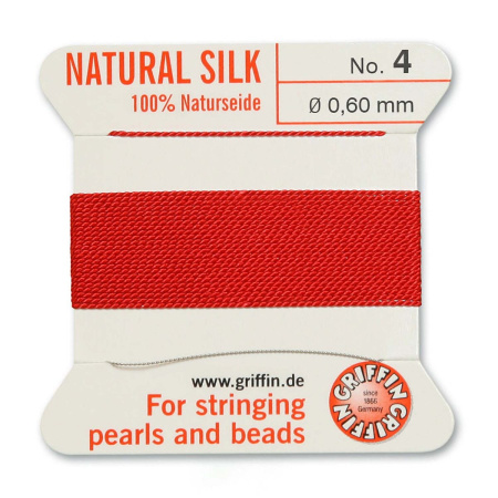 Нить шелковая, Griffin No.4 (0.6мм), красная, с иглой, моток, 2 метра