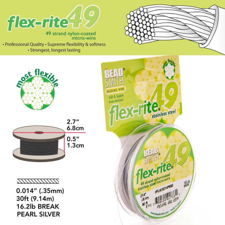 <p>Профессиональный ювелирный тросик Flex-Rite с нейлоновым покрытием. 49-жильный тросик премиум-класса. Цвет светло-серебристый, матовый. Оттенок может отличаться от фотографии и в разных поставках. Цена за катушку 30 футов (9.1 метра).</p>