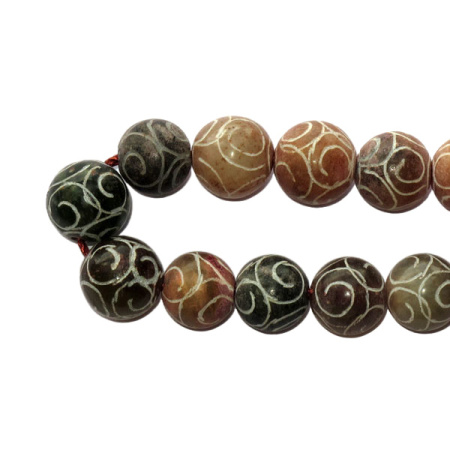 Бусины каменные, агат с гравировкой, 10мм, 41 шт., низка