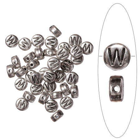 Бусина металлическая, 7х4мм, буква W, базовый материал - цинковый сплав, серебристая с чернением, 10 шт.