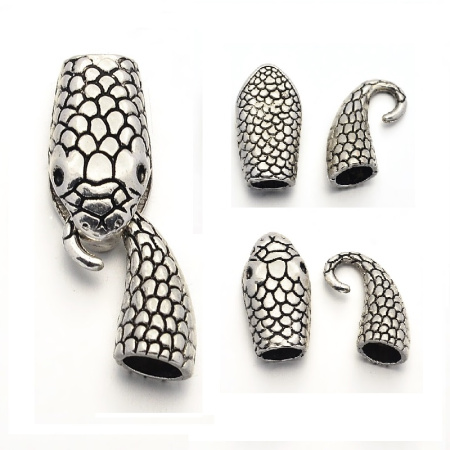 Застежка-концевик, 36х12мм (внутренний размер 6.5мм), крючок с ответной частью, змея, базовый материал - цинковый сплав, стиль тибетское серебро, 1 шт.