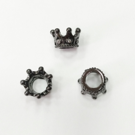 Бусина металлическая, 11х7мм, Milano, Корона, базовый материал - латунь, с кристально-прозрачными фианитами, вороненая сталь, 1 шт.