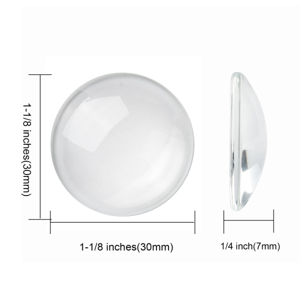 <p>
 Круглый стеклянный прозрачный кабошон, толщина 7-8 мм. Диаметр примерно 30 мм. Хорошо смотрится в рамке с подложенной под него картинкой или фотографией. На кабошонах возможны царапинки, пузырьки, потёртости. Цена за 40 грамм (около 6 штук, фасуются без проверки на дефекты).
</p>