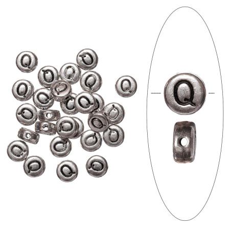 Бусина металлическая, 7х4мм, буква Q, базовый материал - цинковый сплав, серебристая с чернением, 10 шт.