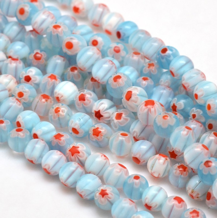 Бусины миллефиори, 6мм, голубые с красно-белыми цветами, 65 шт., низка