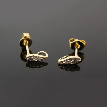 Пусеты, 7х2.5мм, Корея, Маленький листик с фианитами, со скрытой петелькой, с застежками, базовый материал - серебро/латунь, позолоченные, пара