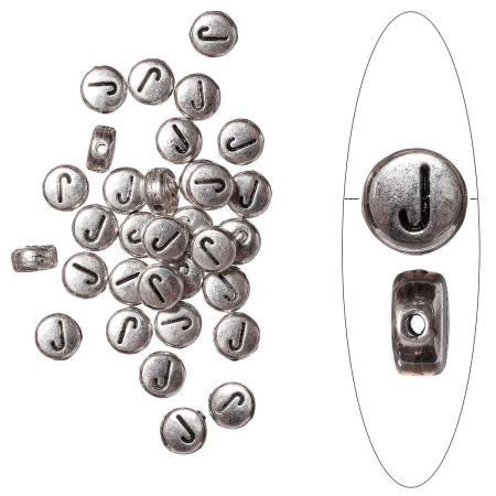 Бусина металлическая, 7х4мм, буква J, базовый материал - цинковый сплав, серебристая с чернением, 10 шт.