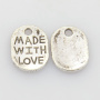 <p>Односторонняя металлическая подвеска-тег с надписью "Made with love" (сделано с любовью). На покрытии возможны неровности. Оттенок может отличаться от фотографии и в разных поставках. Цена за 50 шт.</p>
