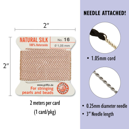 <p>Очень толстая и прочная нить из высококачественного натурального 100% шелка, произведена компанией Griffin (Германия). К нити прикреплена проволочная иголочка. Идеально подходит для использования с жемчугом и натуральными камнями. Толщина около 1,05 мм. Оттенок может отличаться от фотографии и в разных поставках. Цена за моток 2 метра.</p>
