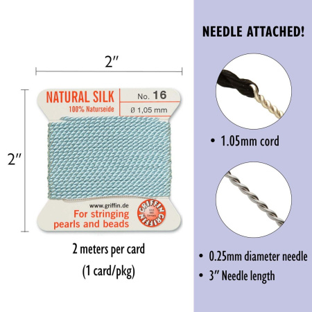 <p>Очень толстая и прочная нить из высококачественного натурального 100% шелка, произведена компанией Griffin (Германия). К нити прикреплена проволочная иголочка. Идеально подходит для использования с жемчугом и натуральными камнями. Оттенок может отличаться от фотографии и в разных поставках. Толщина около 1,05 мм. Цена за моток 2 метра.</p>