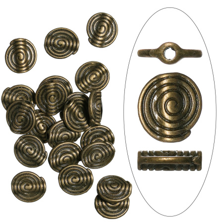 Бусина металлическая, 11х3.6мм, плоская спираль, базовый материал - цинковый сплав, бронзовая с чернением, 20 шт.