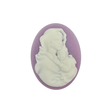 Камея акриловая, 40х30мм, дева Мария с младенцем, белая на фиолетовом, 1 шт.